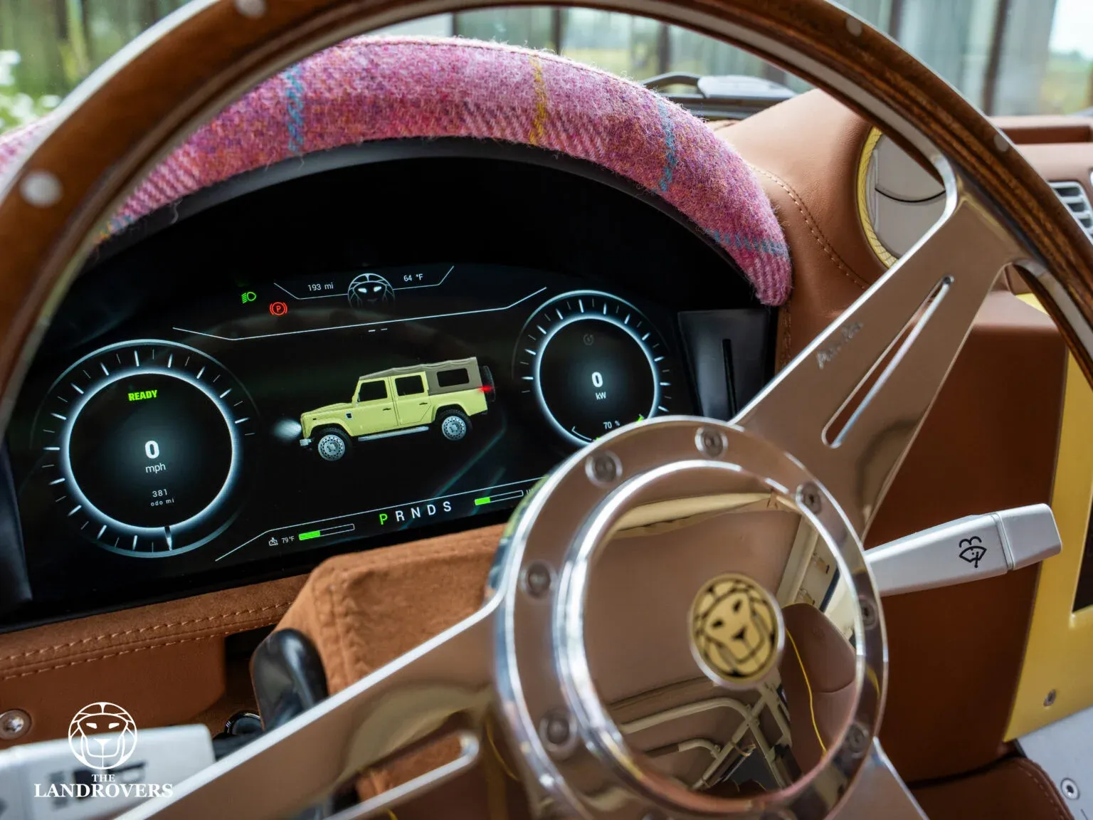 Natalia’s digital instrument cluster showing a yellow vehicle, speed, power, status and gear indications behind the steering wheel.